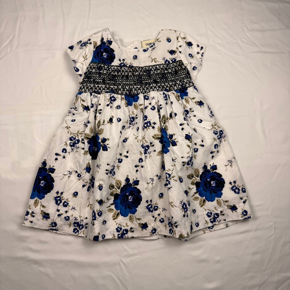 OshKosh‎ Bgosh Baby Girl Blue Floral Smocked Dress 6 Months White Cotton Rose